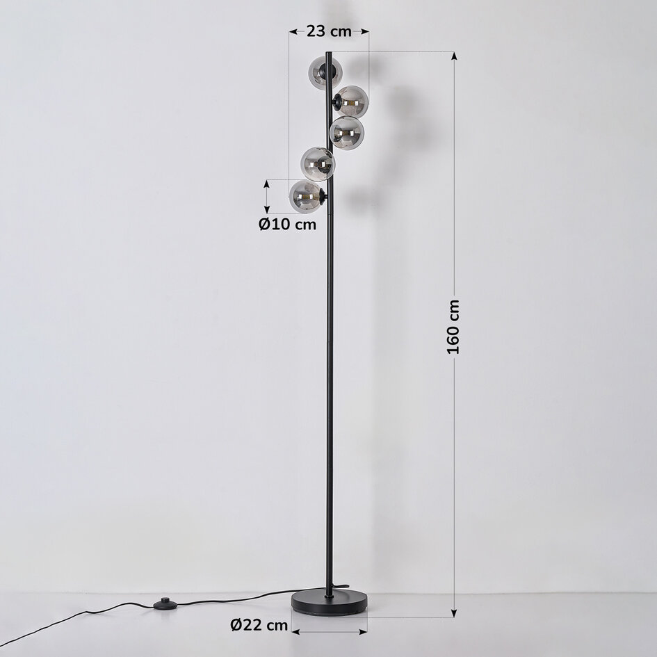 Vloerlamp Tyson zwart met smoke glas, 5-lichts