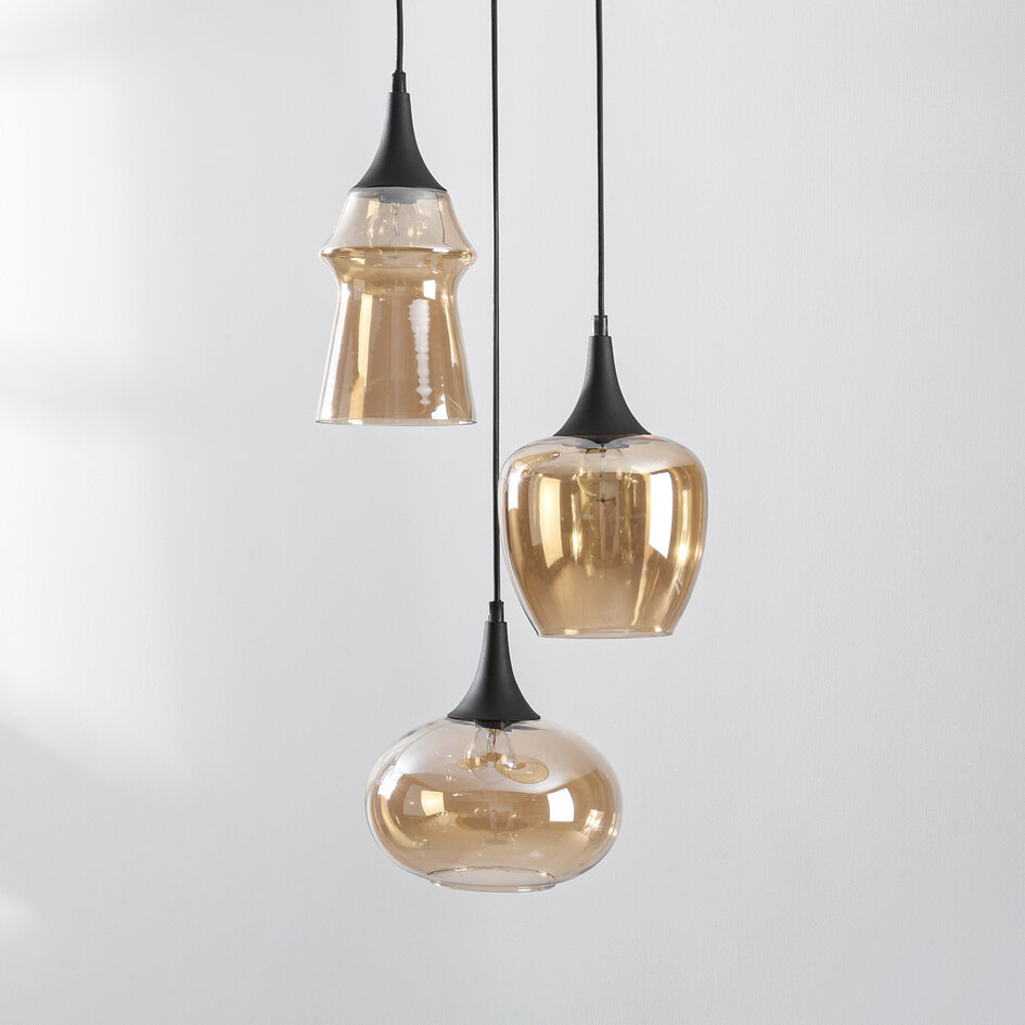 Design hanglamp Zian – 3-lichts zwart met amber glas in diverse vormen