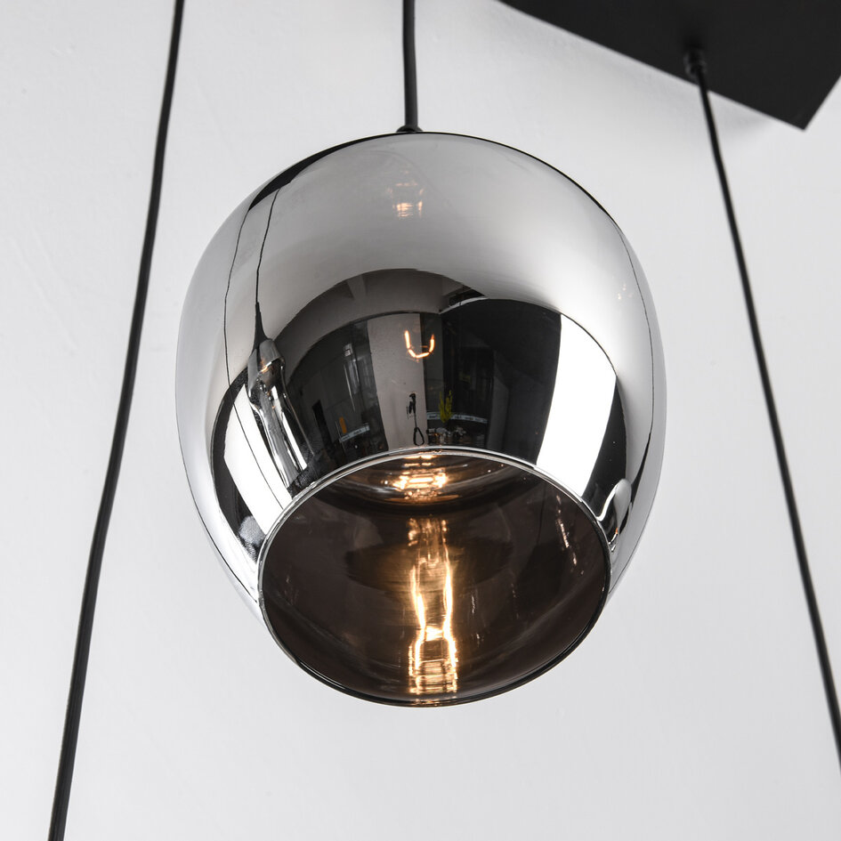 6-lichts hanglamp Lior zwart met rookglazen en spiegeleffect kappen in diverse vormen