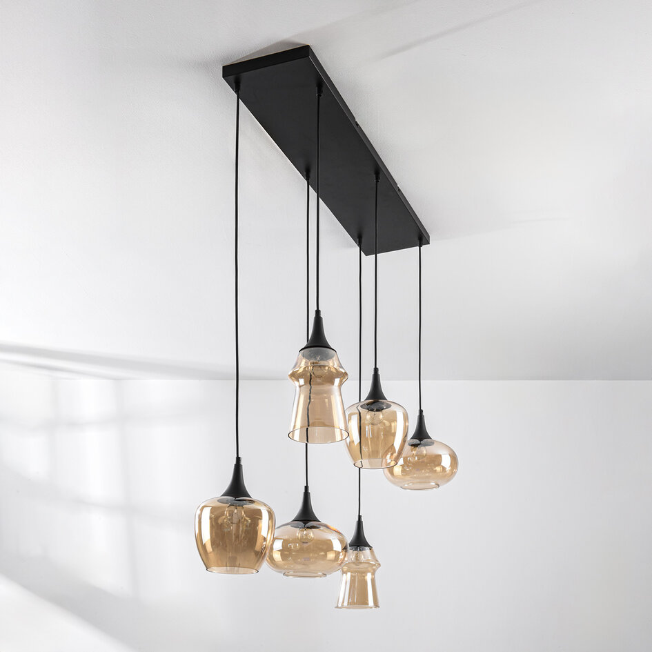 6-lichts hanglamp Lior zwart met amber glas in diverse vormen