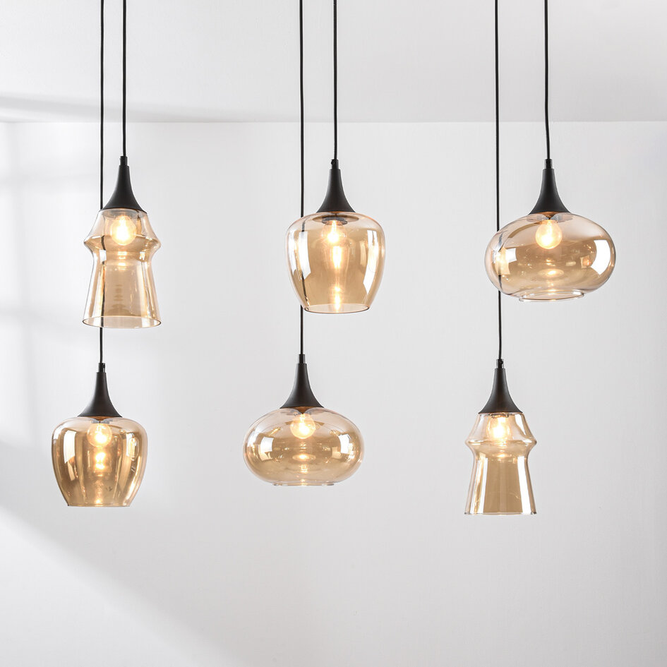 6-lichts hanglamp Lior zwart met amber glas in diverse vormen