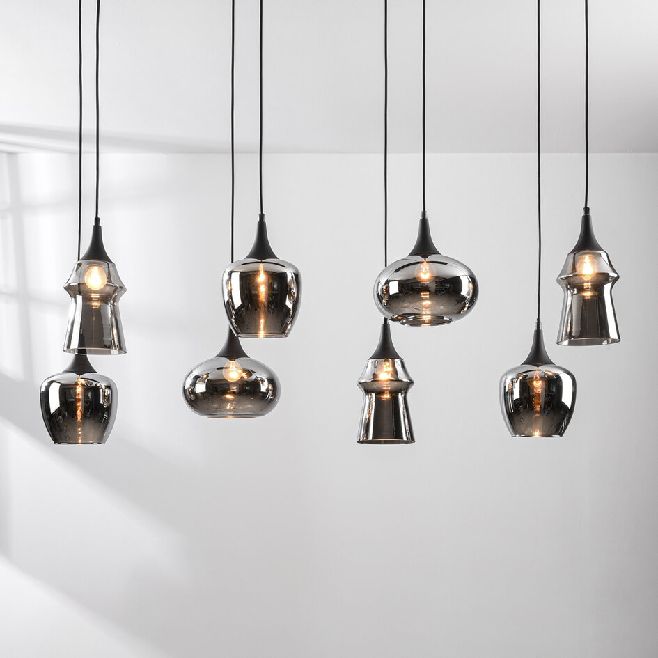 Hanglamp Cael zwart met rookglas en spiegeleffect in diverse vormen – 8-lichts