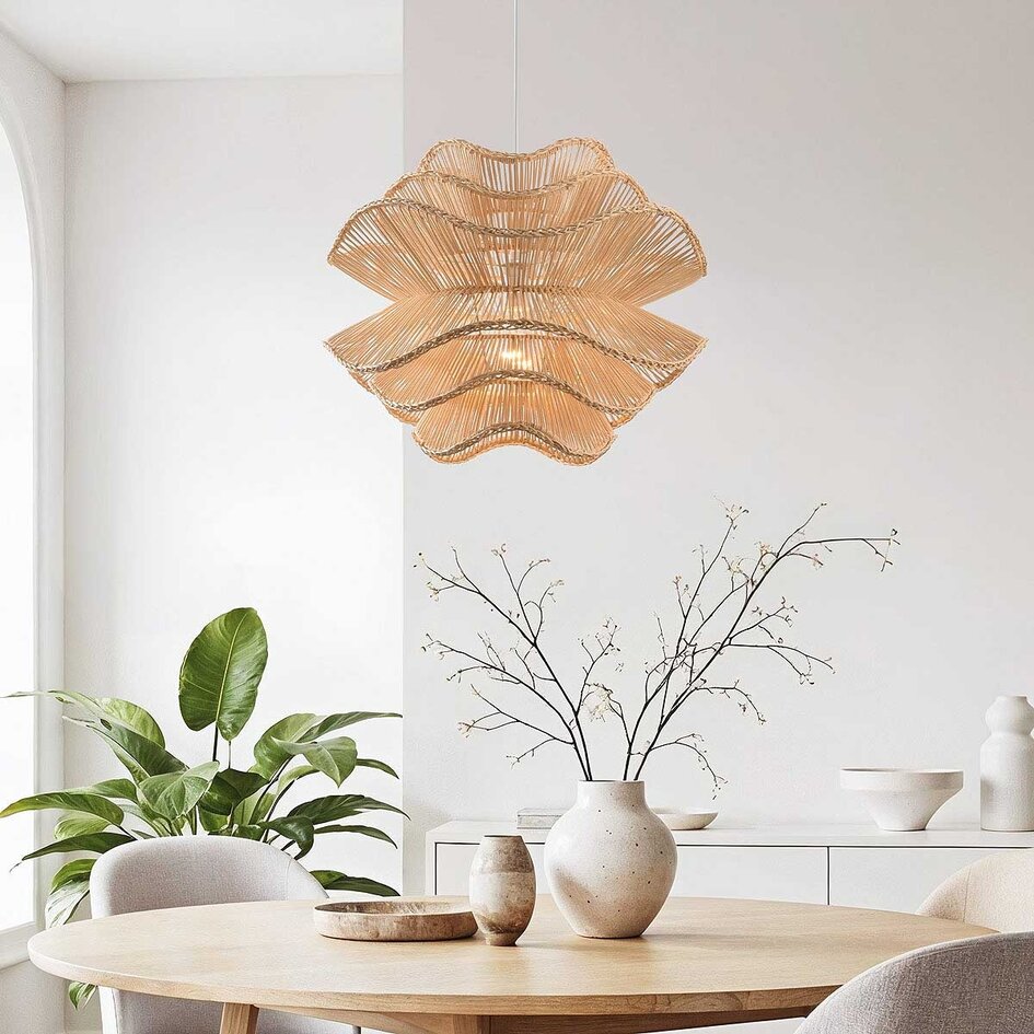 Rotan hanglamp Leru met golvende kap in naturel kleur