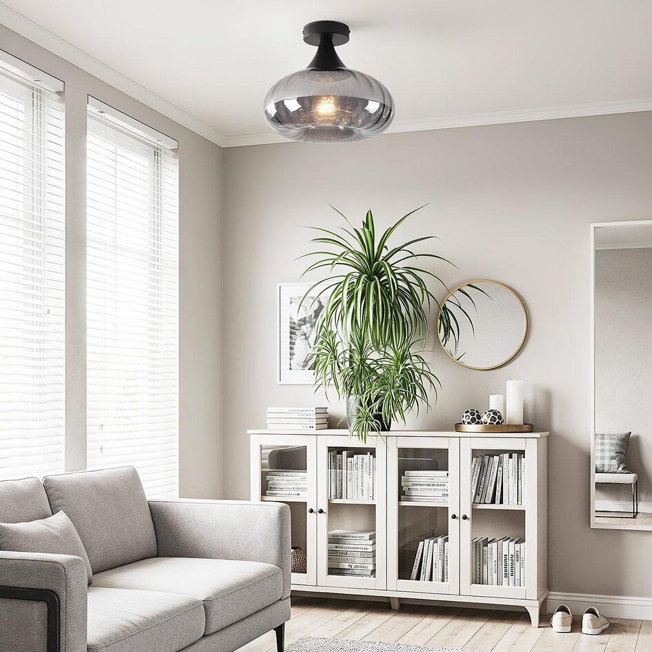 Moderne plafondlamp Nur zwart met gestreept rookglas