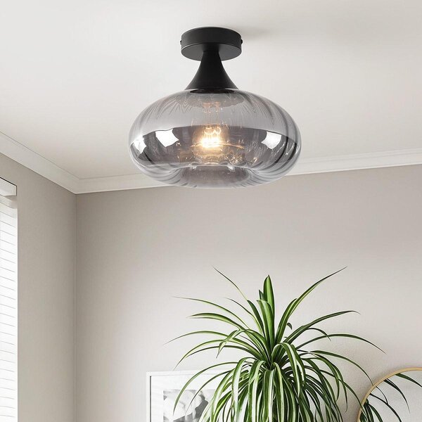 Moderne plafondlamp Nur zwart met gestreept rookglas