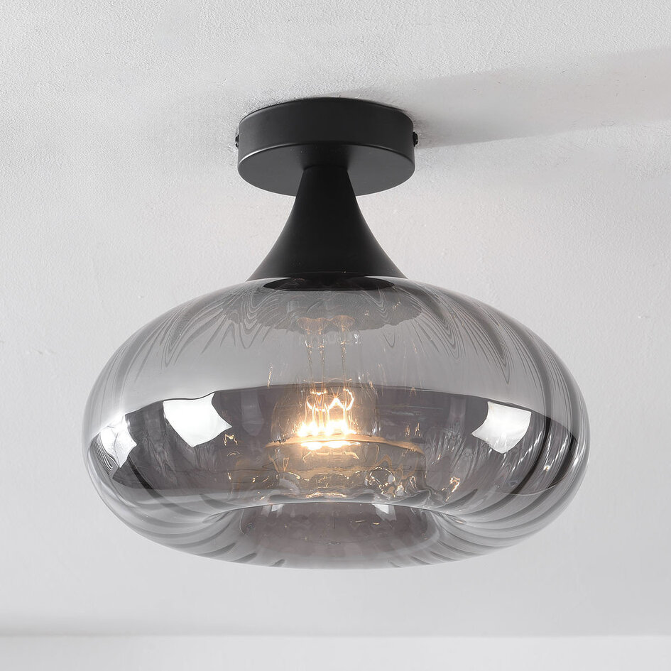 Moderne plafondlamp Nur zwart met gestreept rookglas