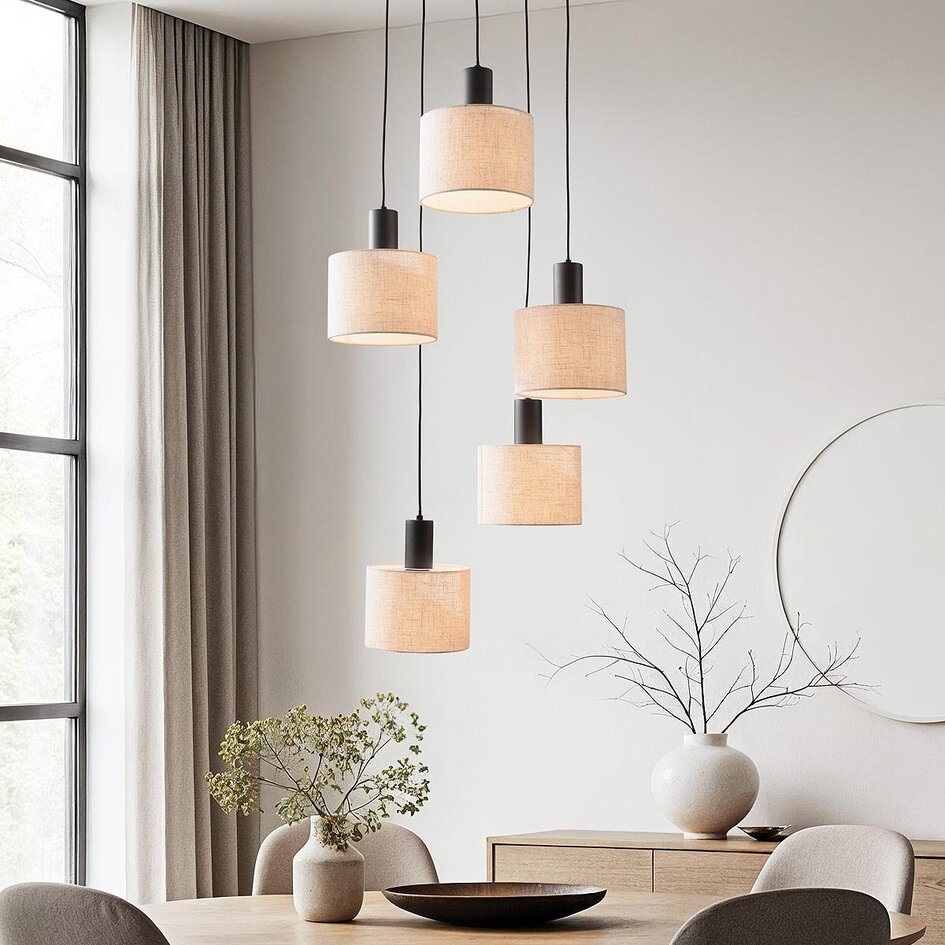 5-lichts Scandinavische hanglamp Linne met beige linnen kappen