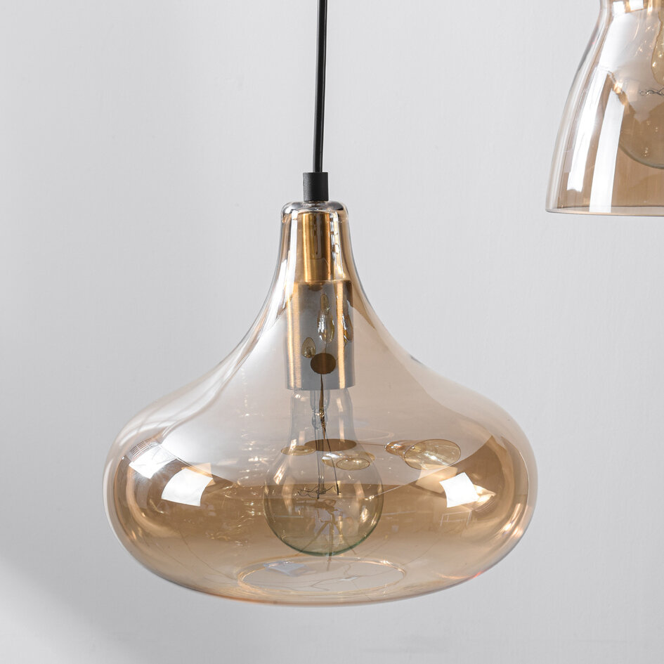 Retro design hanglamp Calypso met vier amber glazen kappen