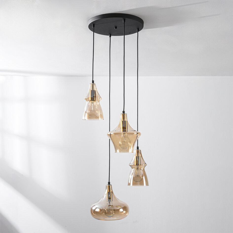 Retro design hanglamp Calypso met vier amber glazen kappen