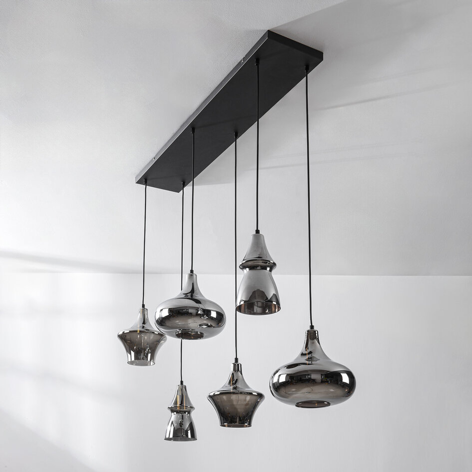 Industriële hanglamp Calypso zwart met zes smoke glazen kappen