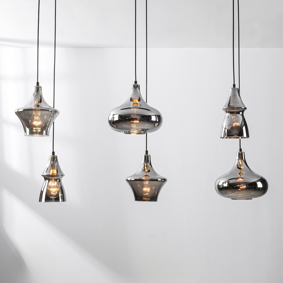 Industriële hanglamp Calypso zwart met zes smoke glazen kappen