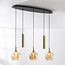 Moderne hanglamp Eloi met twee gouden GU10 spots en drie amber glazen kappen, 5-lichts