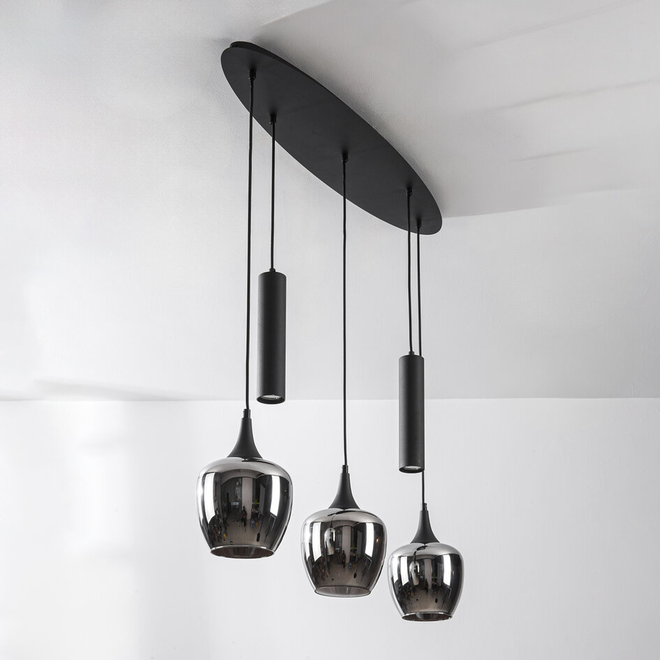 5-lichts hanglamp Eloi met drie rookglazen kappen en twee GU10 spots