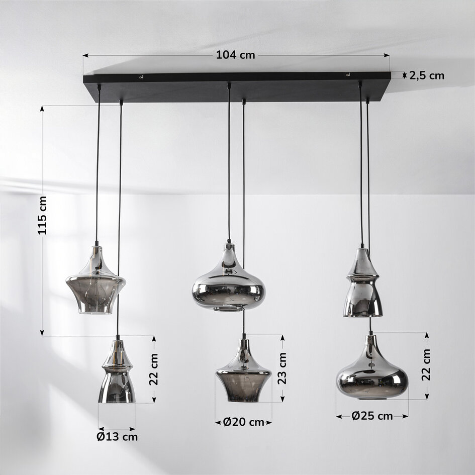 Industriële hanglamp Calypso zwart met zes smoke glazen kappen
