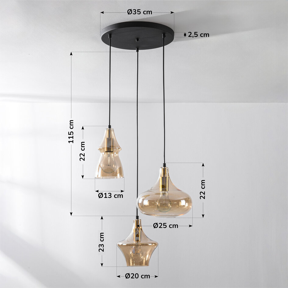 3-lichts design hanglamp Calypso met amber glazen kappen
