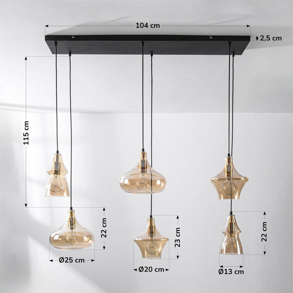 Industriële hanglamp Calypso 6-lichts met amber glas