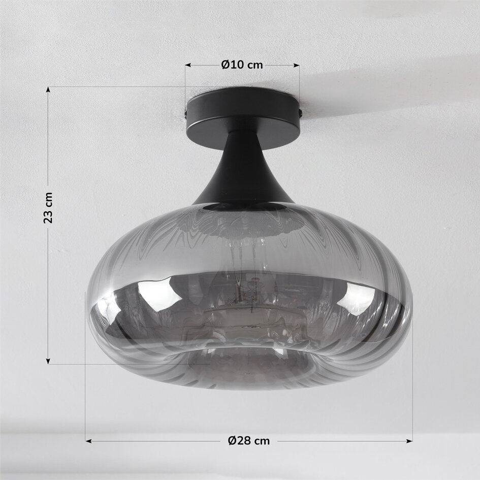Moderne plafondlamp Nur zwart met gestreept rookglas