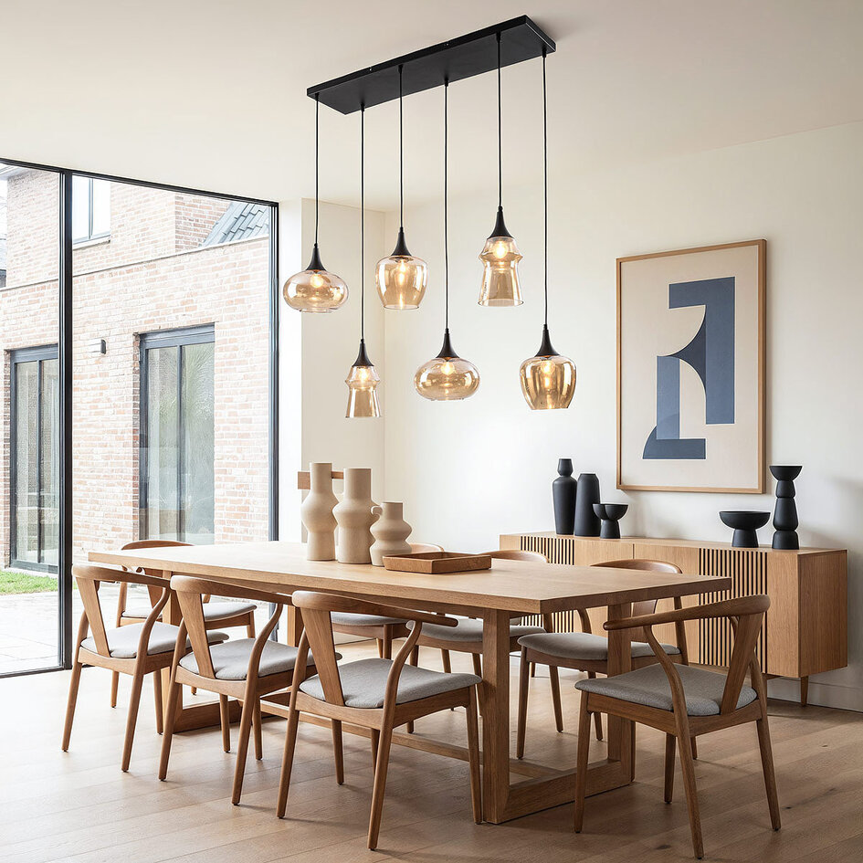 6-lichts hanglamp Lior zwart met amber glas in diverse vormen
