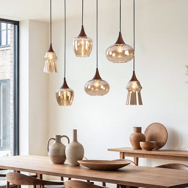 Hanglamp Lior zwart met houtlook en amber glas in diverse vormen – 6-lichts