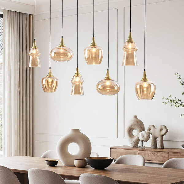 Hanglamp Cael goud met amber glas in diverse vormen – 8-lichts