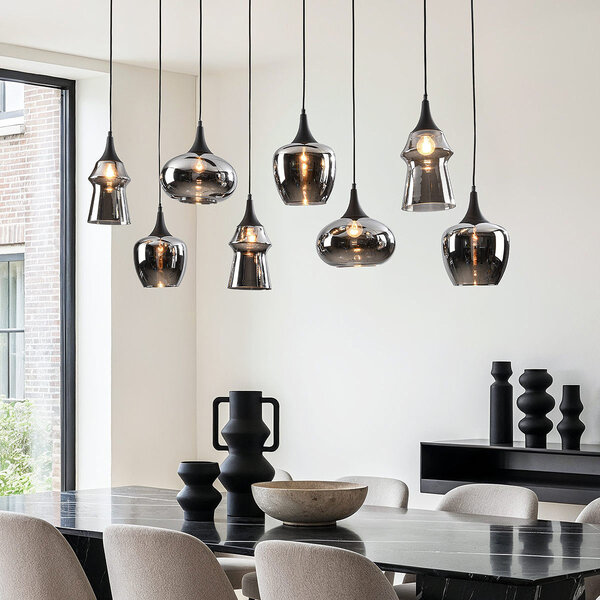 Hanglamp Cael zwart met rookglas in diverse vormen – 8-lichts