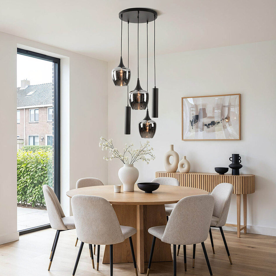 Industriële hanglamp Téo met twee GU10 spots en drie rookglazen kappen