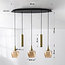 Moderne hanglamp Eloi met twee gouden GU10 spots en drie amber glazen kappen, 5-lichts