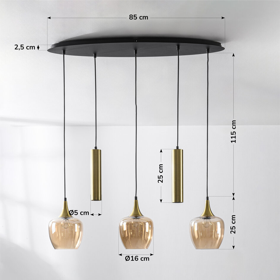 Moderne hanglamp Eloi met twee gouden GU10 spots en drie amber glazen kappen, 5-lichts