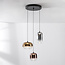3-lichts hanglamp Kafei met LED, 3-staps dimbaar en glazen kappen in goud, smoke en koper