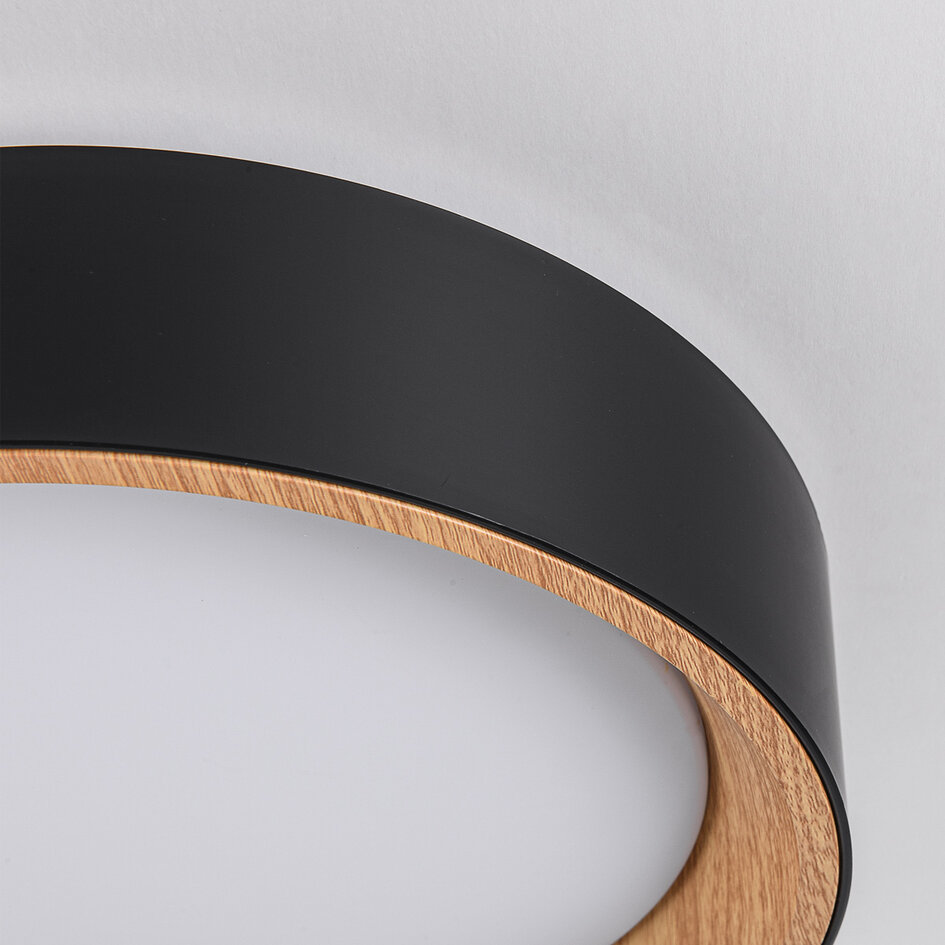 LED-plafondlamp Larios, 3-staps dimbaar Ø29 cm - zwart met houtaccent