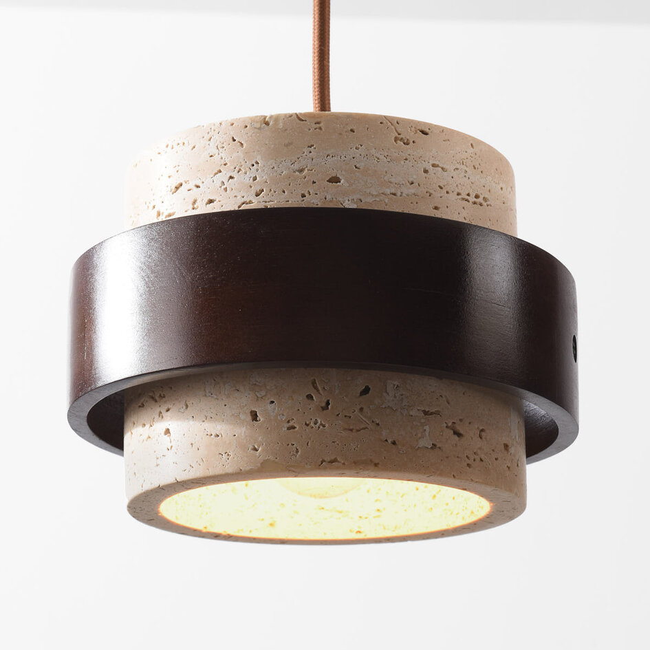 Natuurlijke 3-lichts hanglamp Travé van travertin (natuursteen) en hout