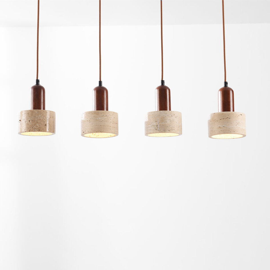Luxe 4-lichts hanglamp Muro van travertin (natuursteen) en hout