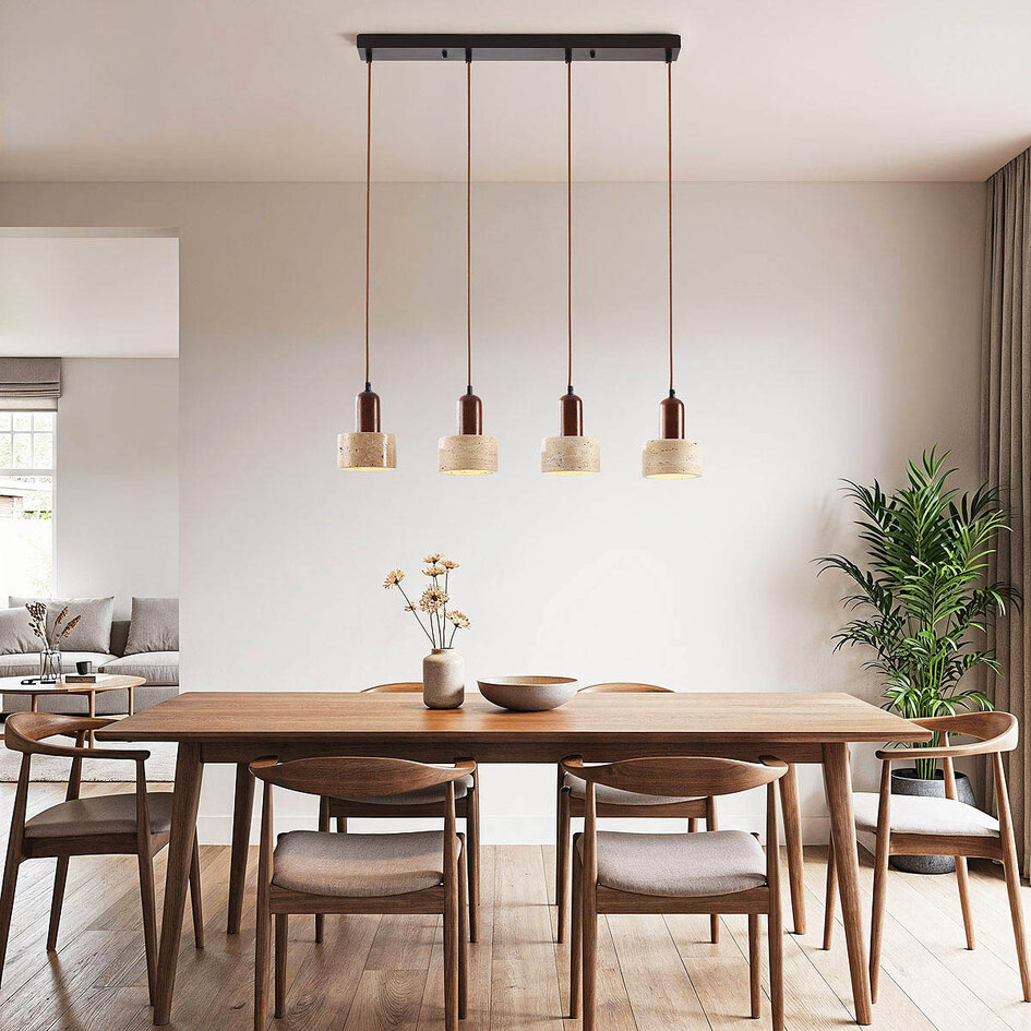 Luxe 4-lichts hanglamp Muro van travertin (natuursteen) en hout