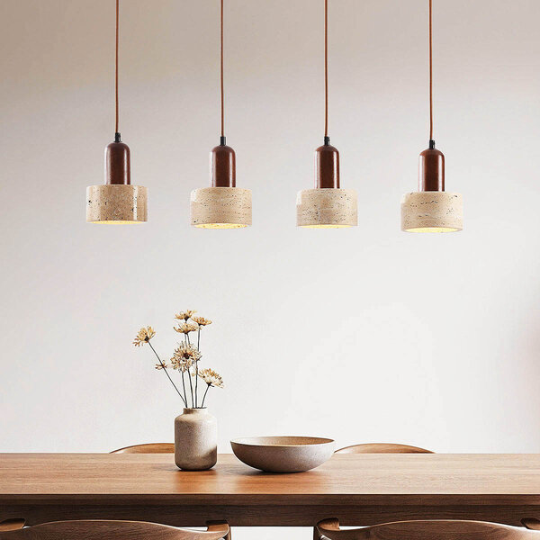 Luxe 4-lichts hanglamp Muro van travertin (natuursteen) en hout