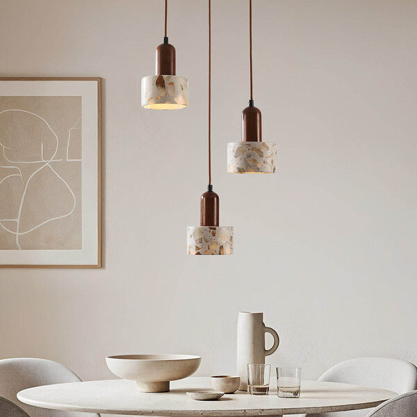 3-lichts hanglamp Lito met terrazzo effect en hout