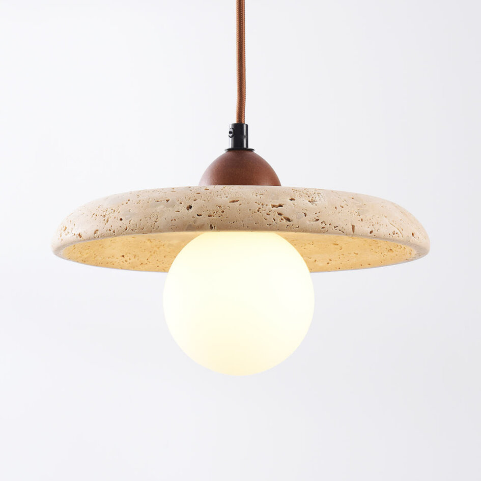 Japandi hanglamp Sasso van travertin (natuursteen) en hout