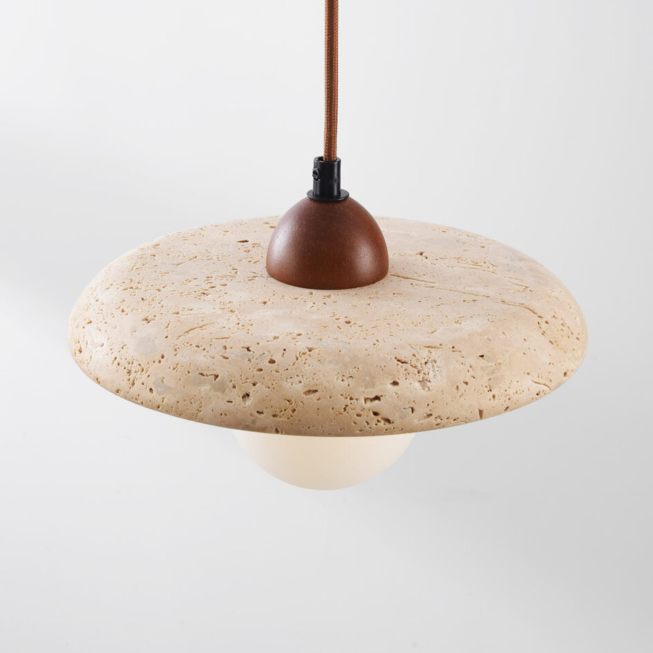 Japandi hanglamp Sasso van travertin (natuursteen) en hout