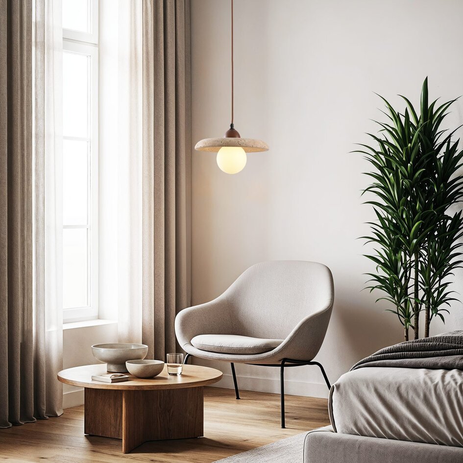 Japandi hanglamp Sasso van travertin (natuursteen) en hout