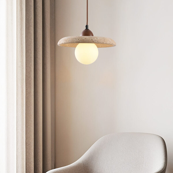 Japandi hanglamp Sasso van travertin (natuursteen) en hout