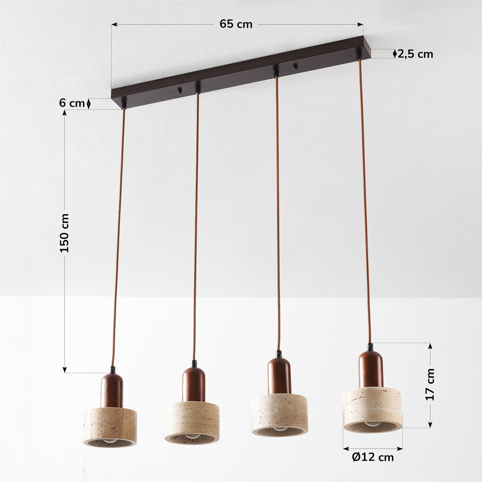 Luxe 4-lichts hanglamp Muro van travertin (natuursteen) en hout