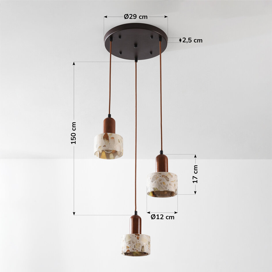 3-lichts hanglamp Lito met terrazzo effect en hout