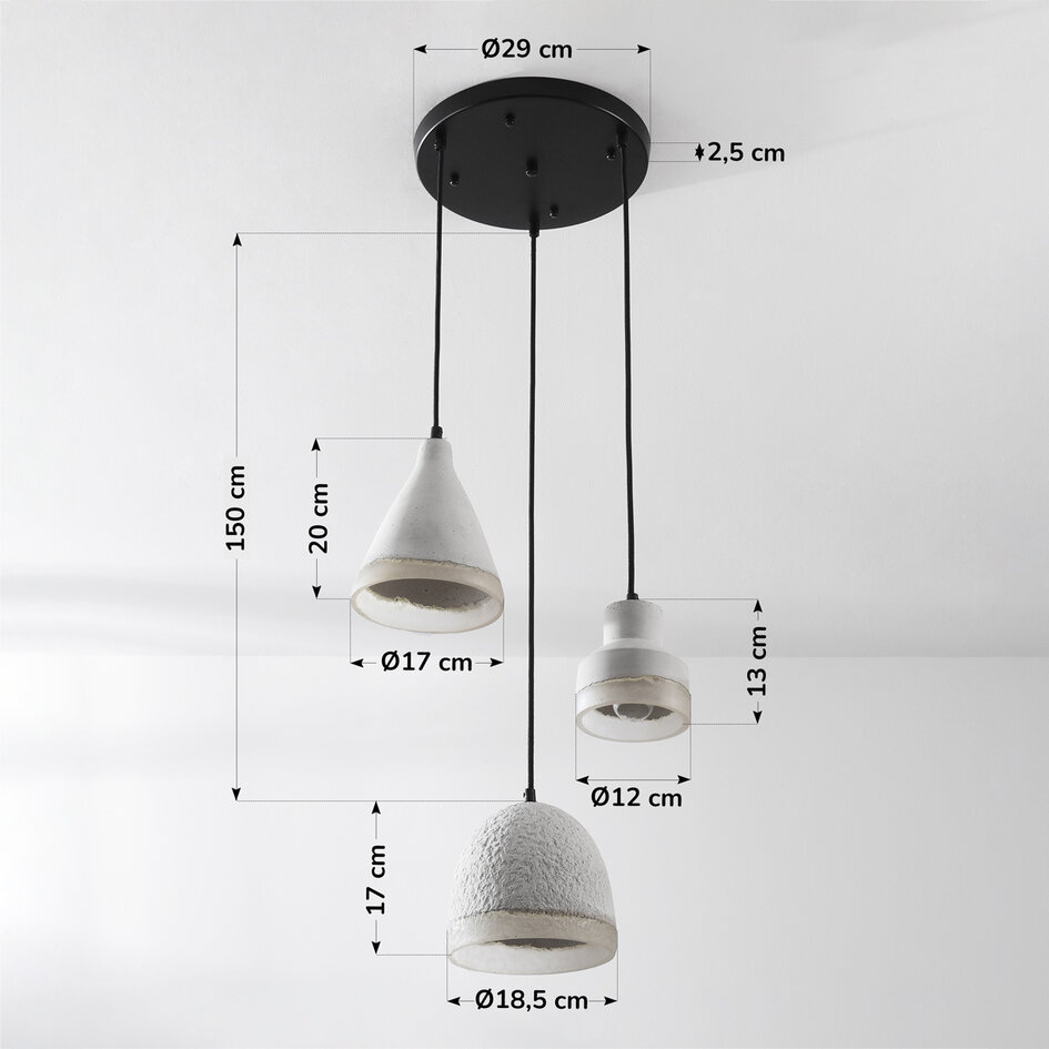 3-lichts Wabi Sabi hanglamp Riva in cementlook