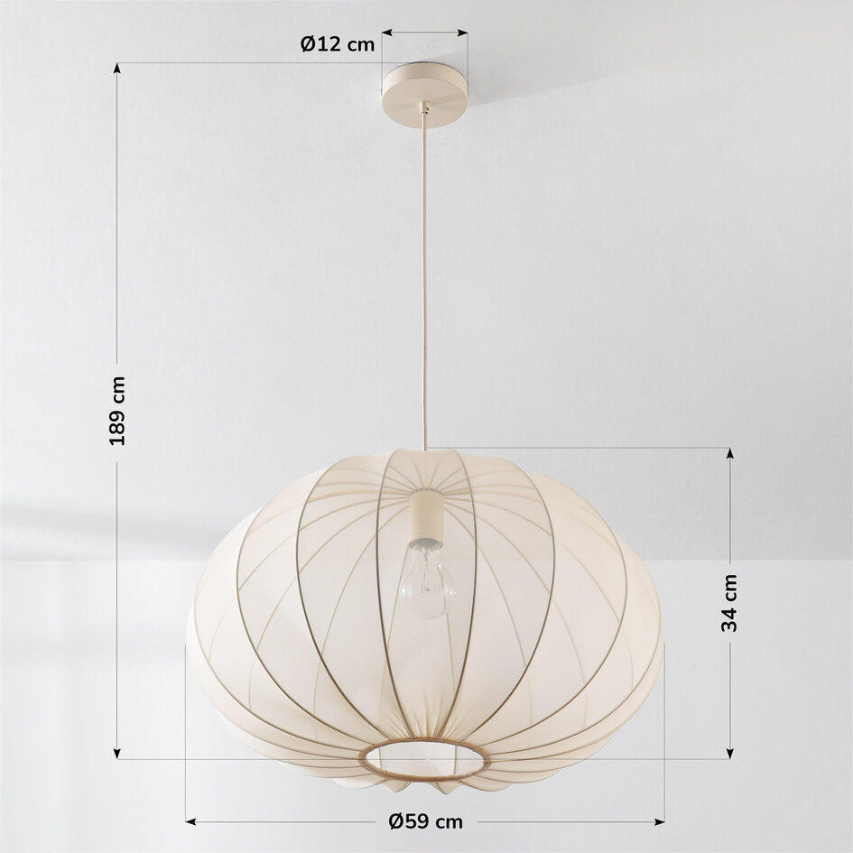 Japandi hanglamp Fayra – ronde kap van lichtbeige stof Ø60 cm