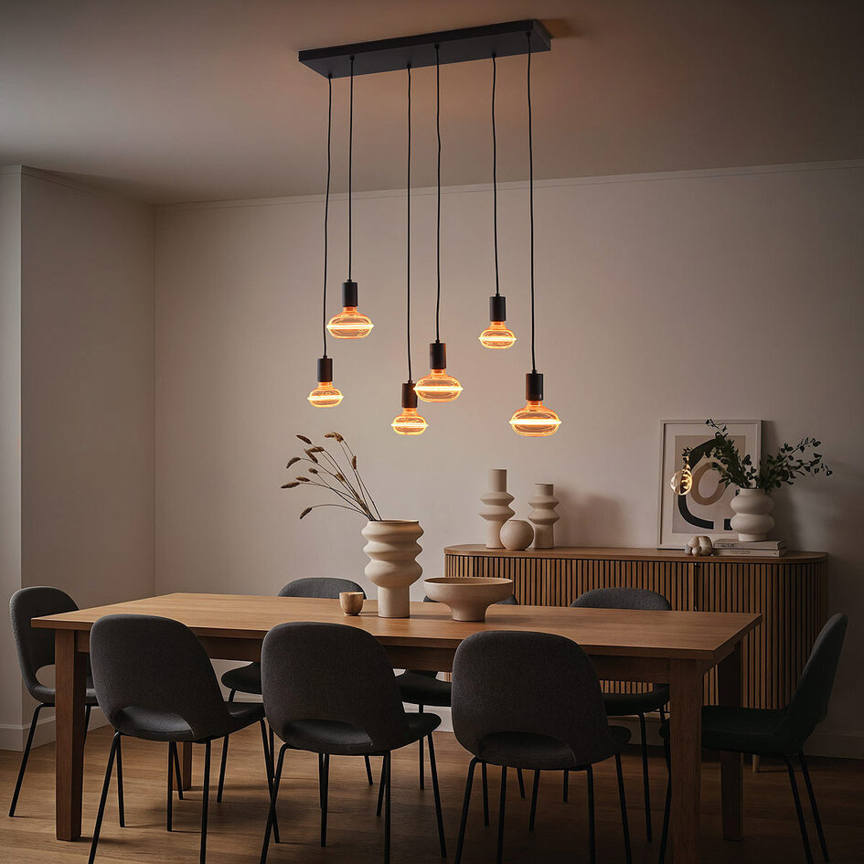 6-lichts industriële hanglamp Nivelle inclusief dimbare E27 lampen - zwart