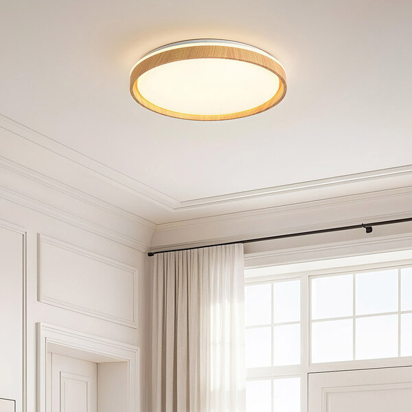 Japandi plafondlamp Britta met geïntegreerde LED en 3-staps dimbaar Ø30 cm - wit met houtaccent
