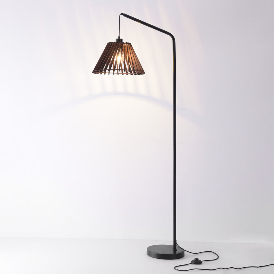Staande booglamp Ibis zwart met houten kap, 1-lichts