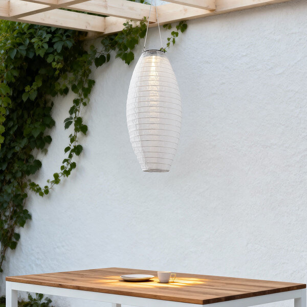 Solar lampion Pyra – hanglamp op zonne-energie van wit nylon