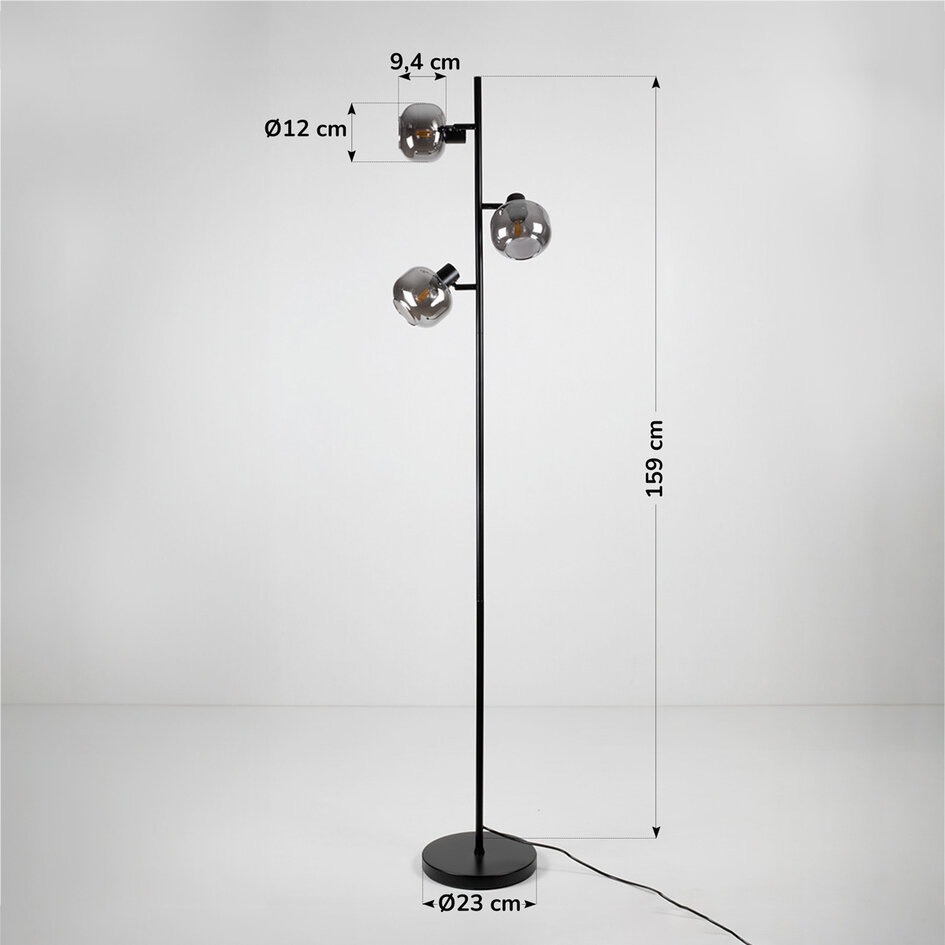 Staande lamp Jesse 3-lichts in zwart met smoke glas en spiegeleffect