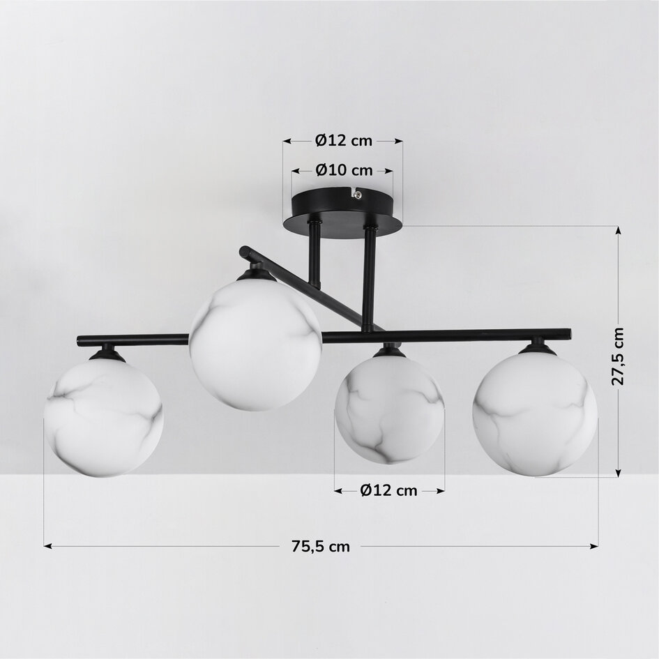 Moderne plafondlamp mat zwart met marmerlook bollen, 4-lichts - Nymo