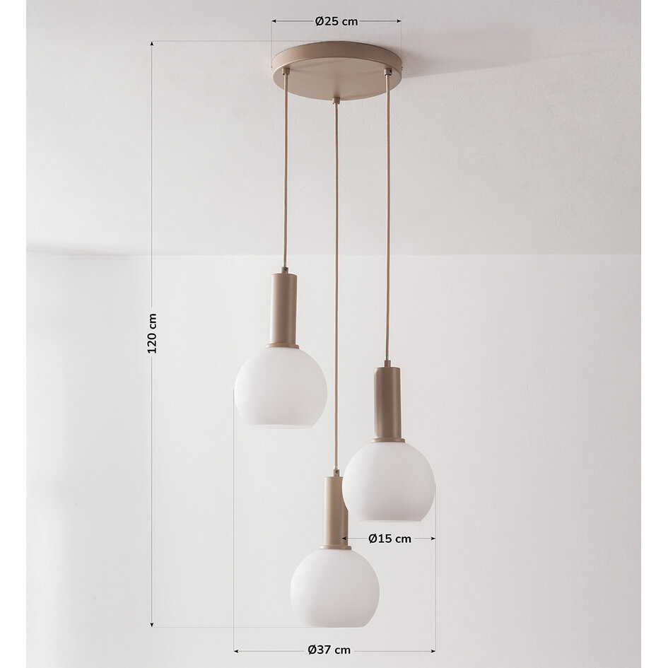 3-lichts beige hanglamp Imme met melkwitte glazen kappen